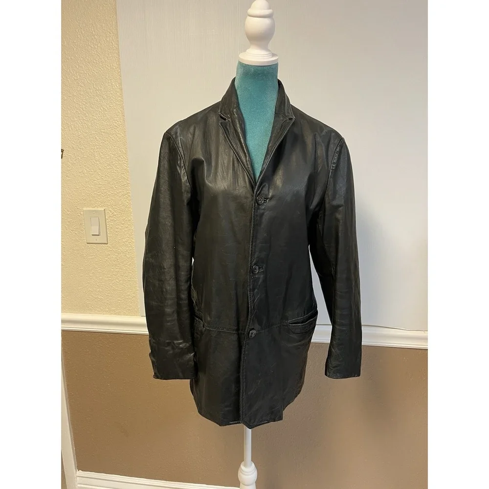 Vintage 90's Y2K BANANA REPUBLIC Black Leather Coat Mens Large‎
